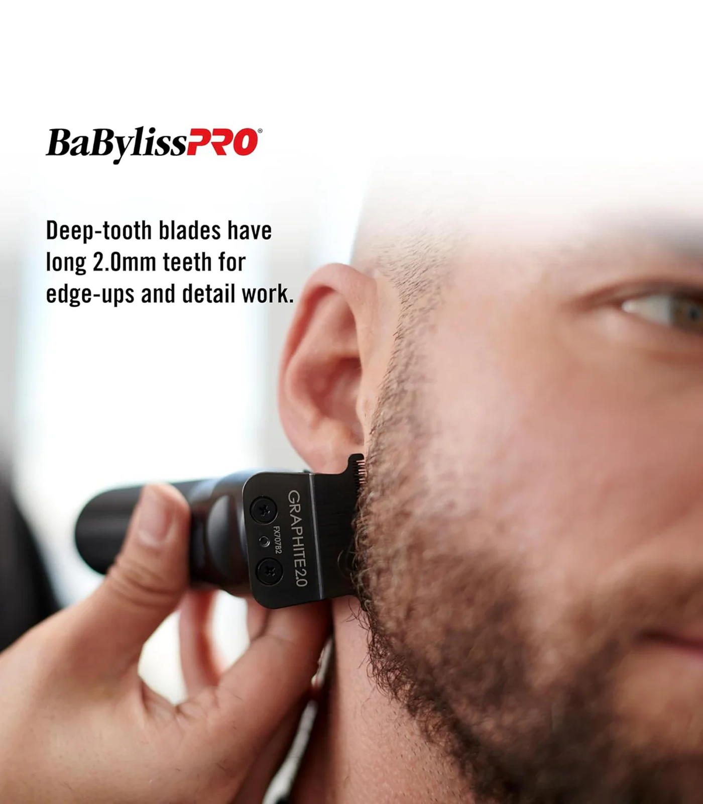 Person using a BaBylissPRO grooming tool on their ear with product branding and text about blade features.