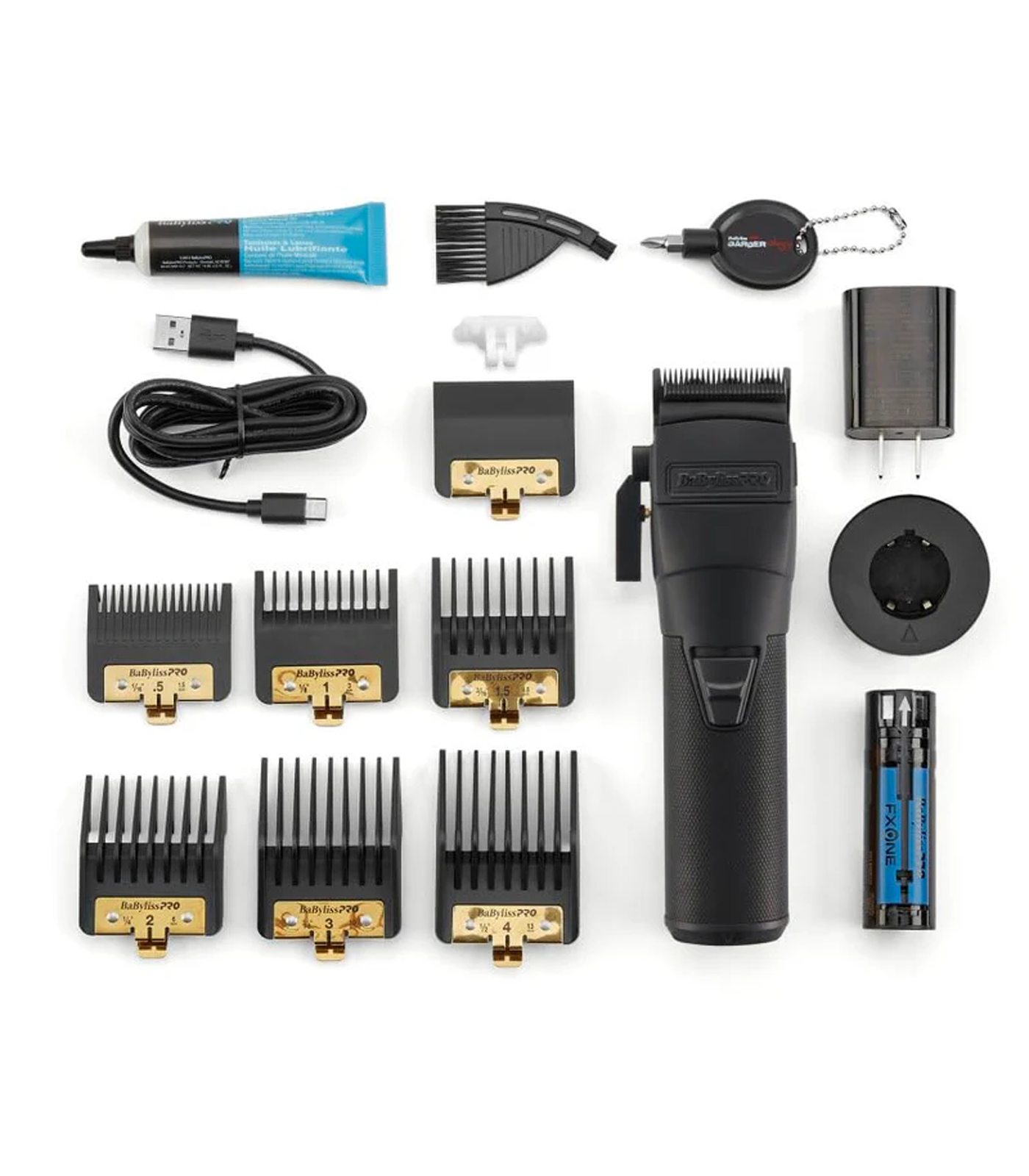 Hair trimmer set with attachments and accessories on a white background