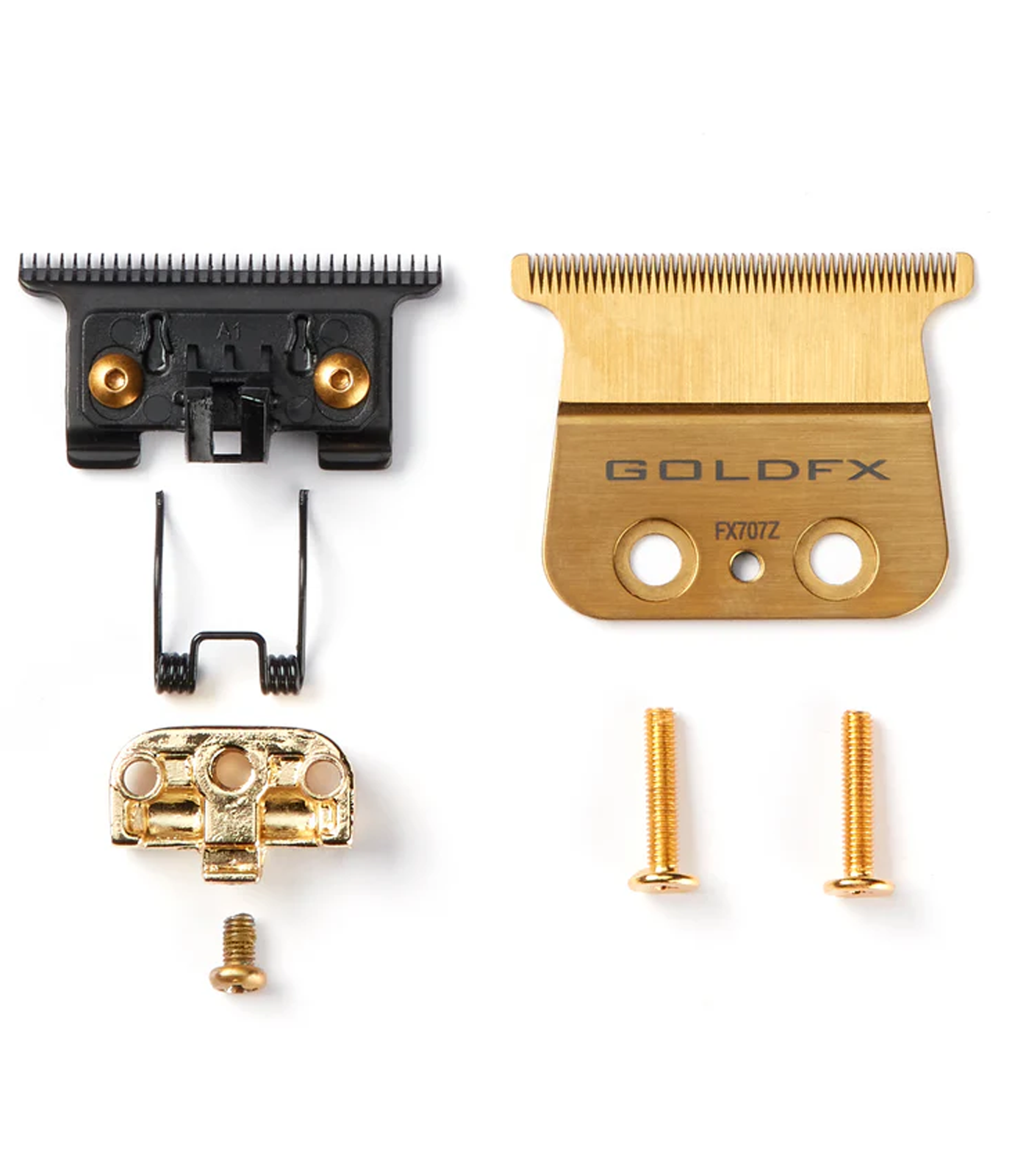 Gold and black grooming tool parts with 'GOLDFX' branding on a white background