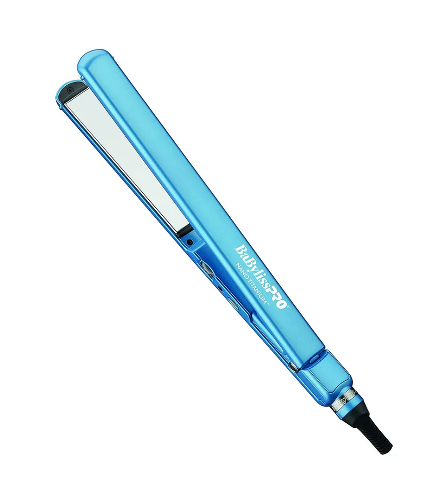 Blue hair straightener with brand name on a white background