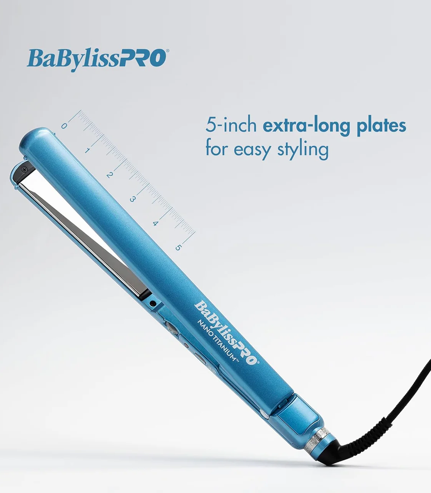 Blue BaBylissPRO hair straightener with text on a light gray background