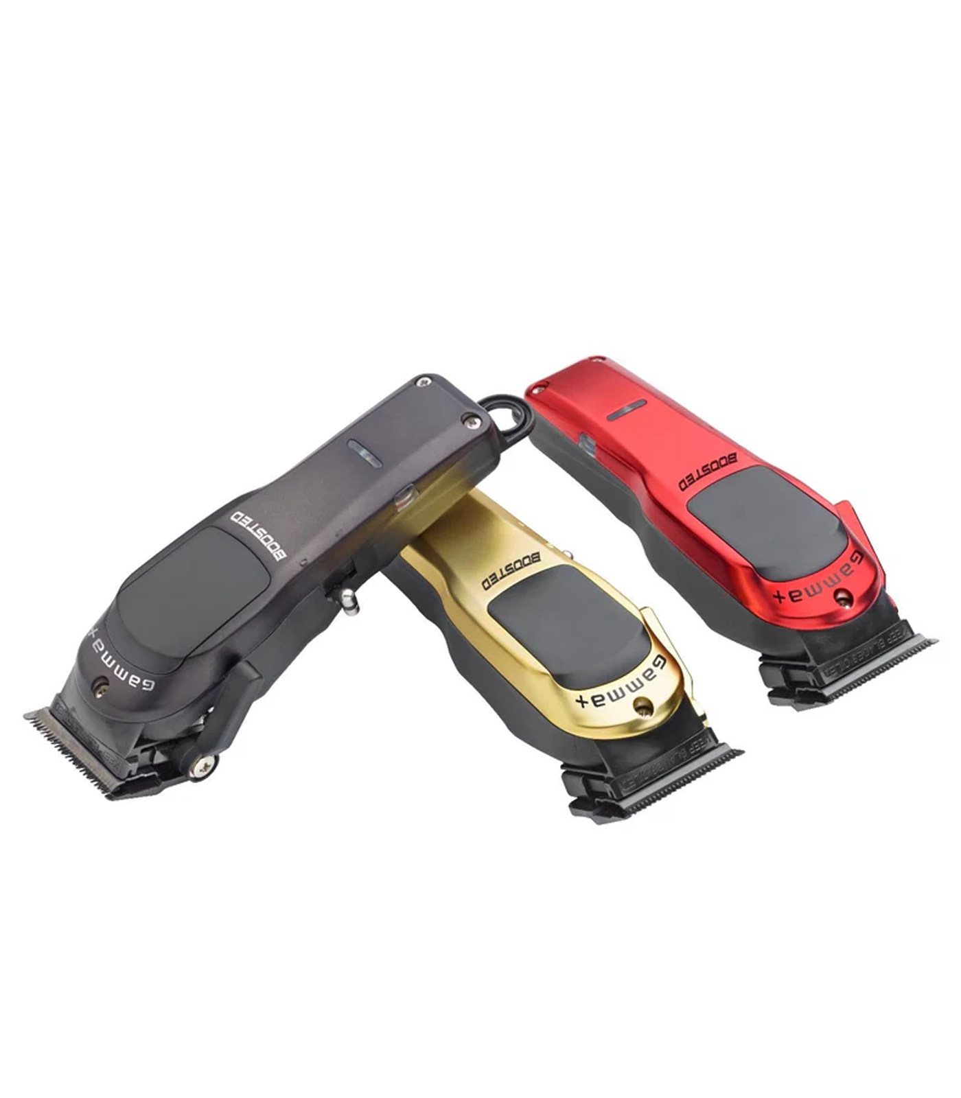 Three grooming clippers in black, gold, and red on a white background