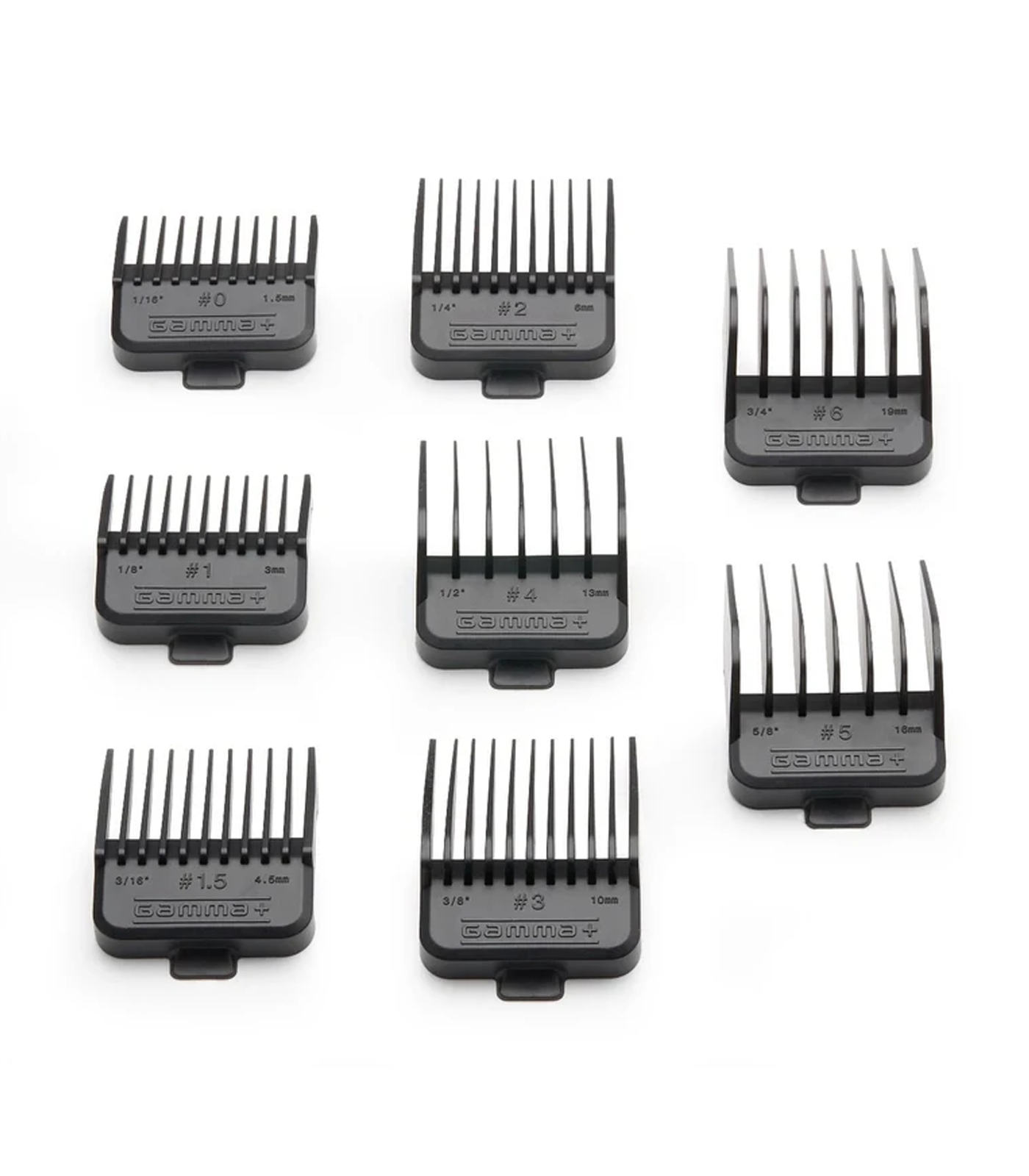 Set of black hair clipper combs on a white background