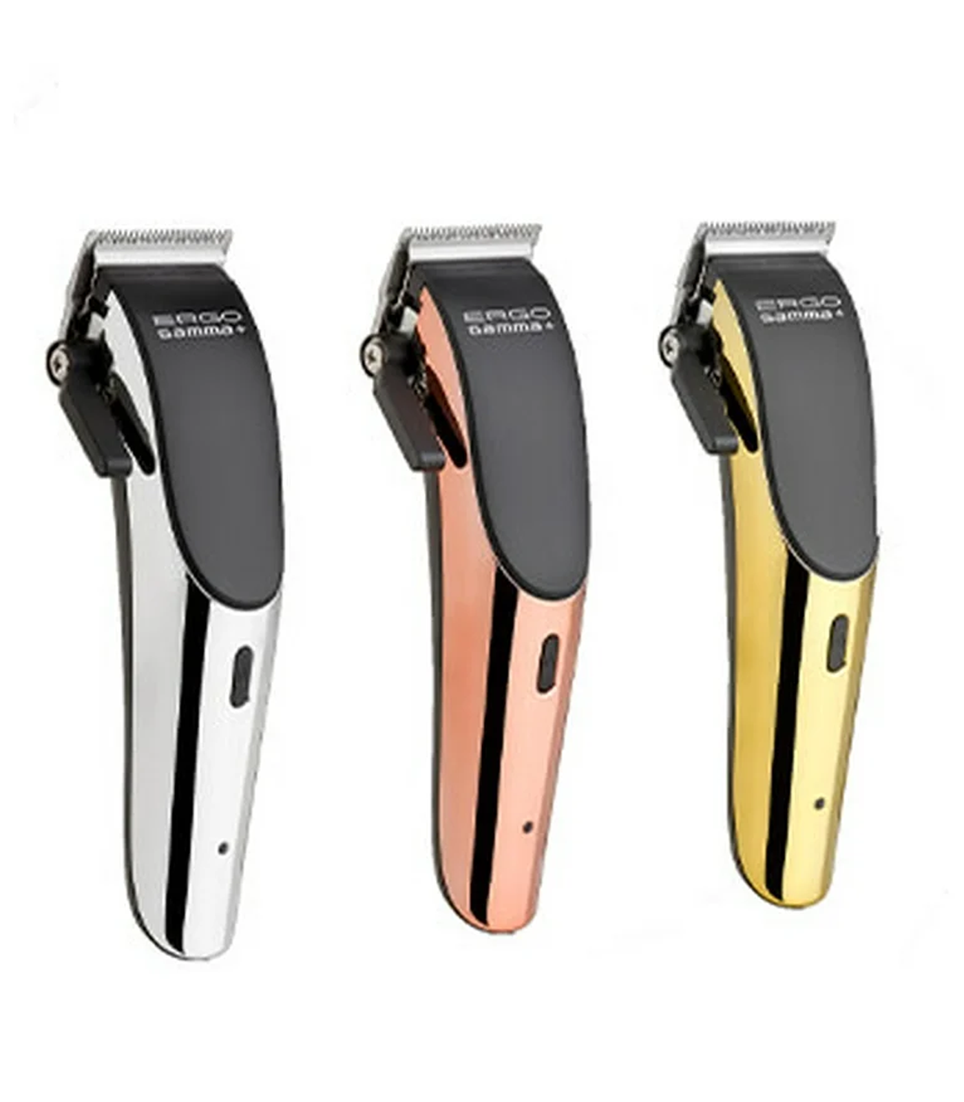 Three hair clippers in silver, rose gold, and gold on a white background