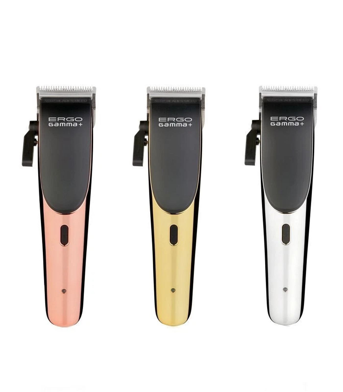 Three hair clippers with 'ERGO Gamma+' branding on a white background