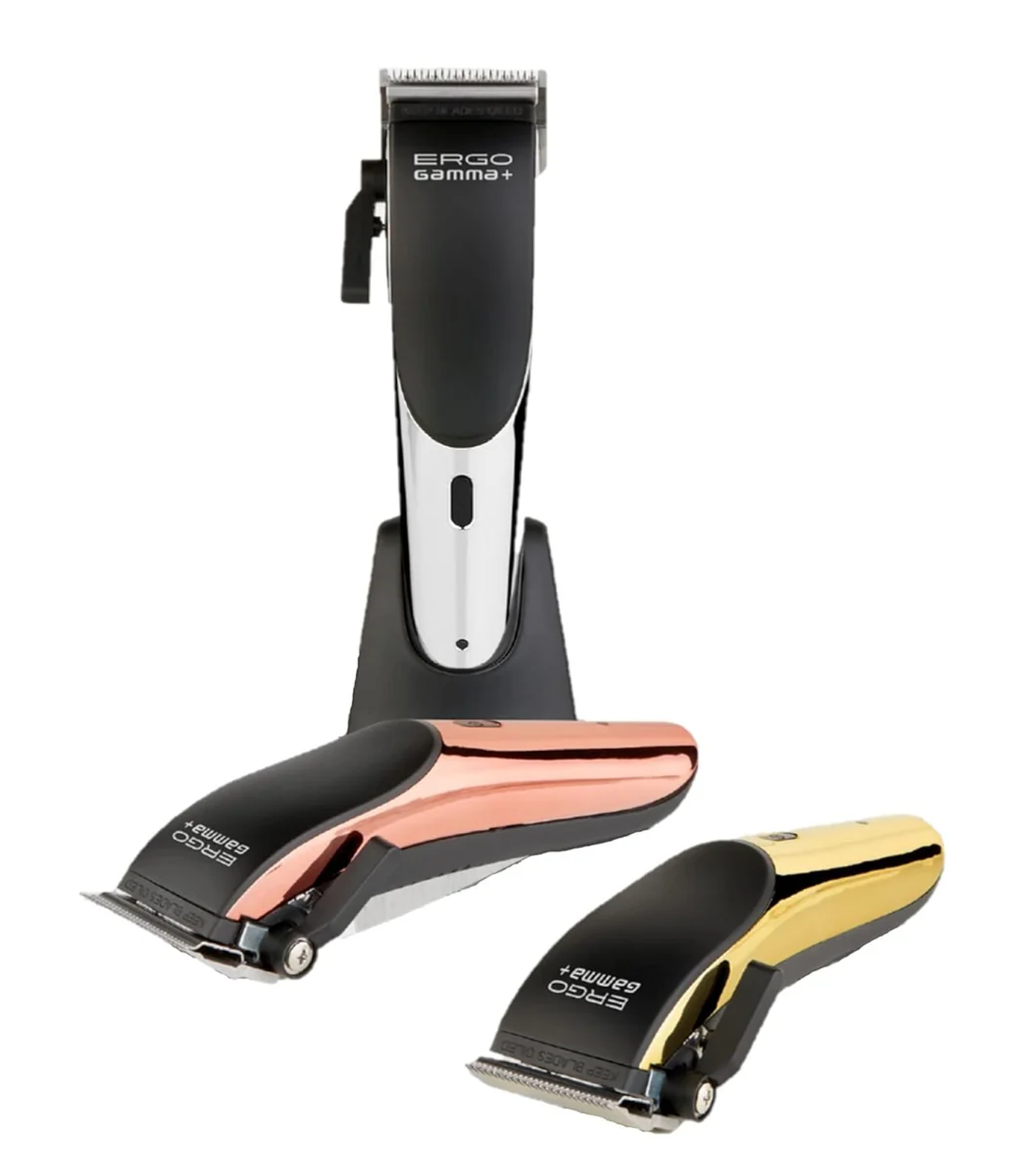 Three hair clippers with different color finishes on a white background