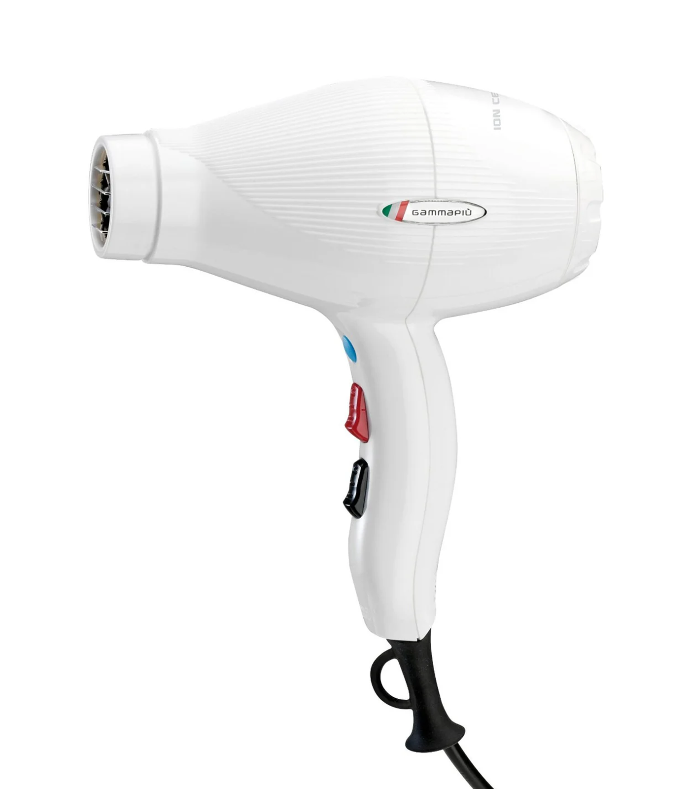 White hair dryer with a visible brand logo on a white background