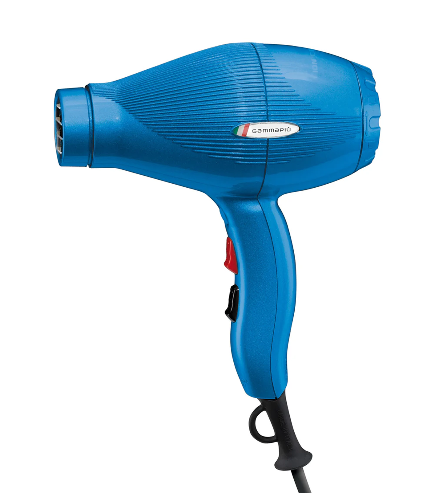 Blue hair dryer with a visible brand logo on a white background