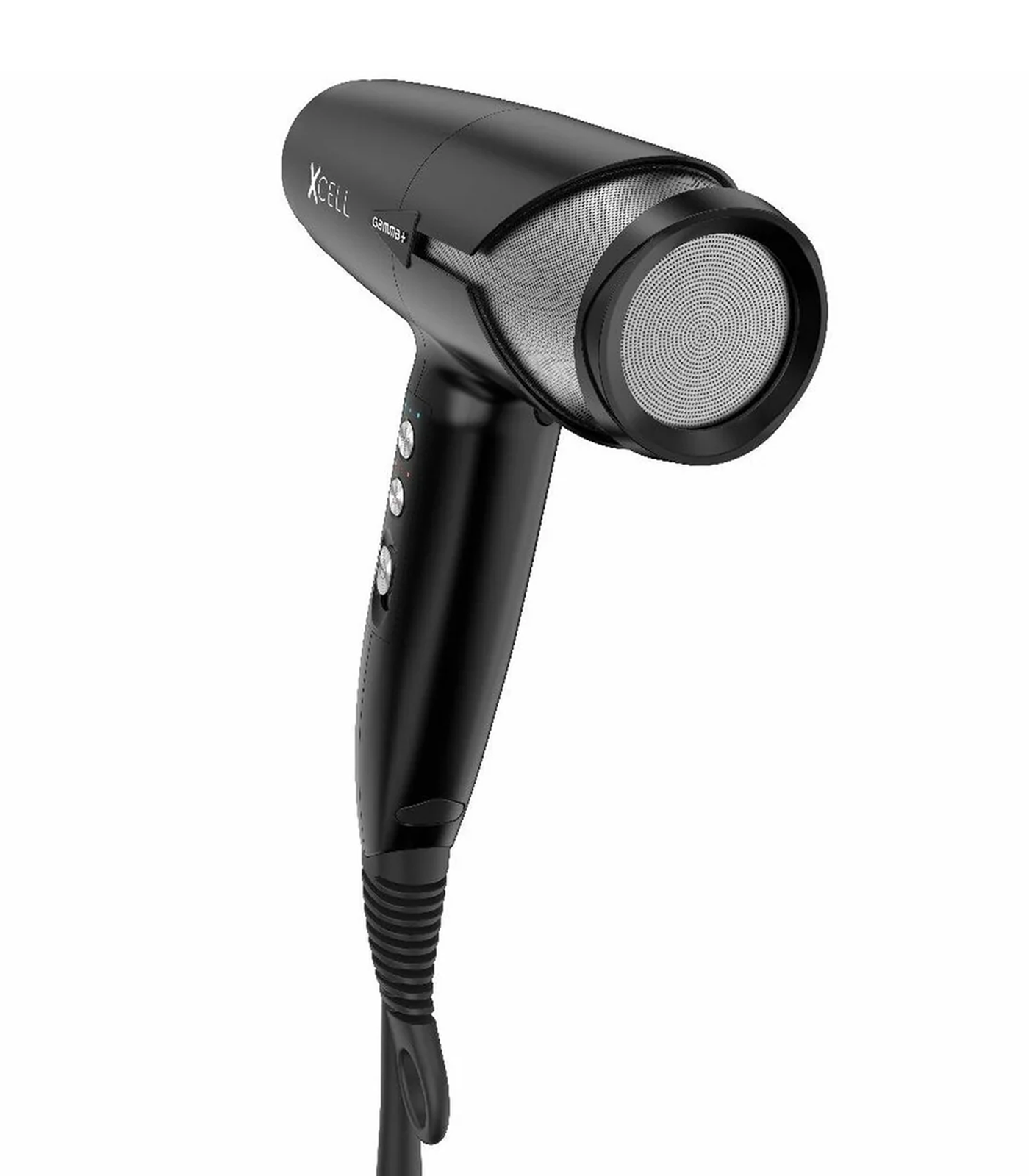Black hair dryer with visible brand logo on a white background