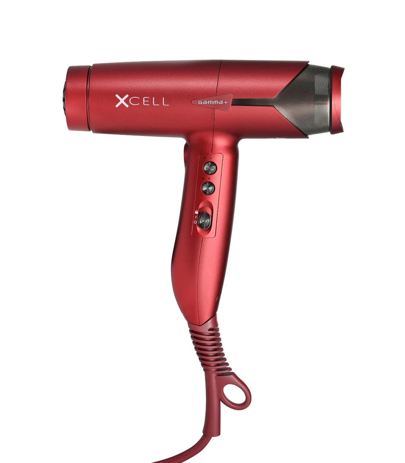 Red hair dryer with 'XCell' branding on a white background