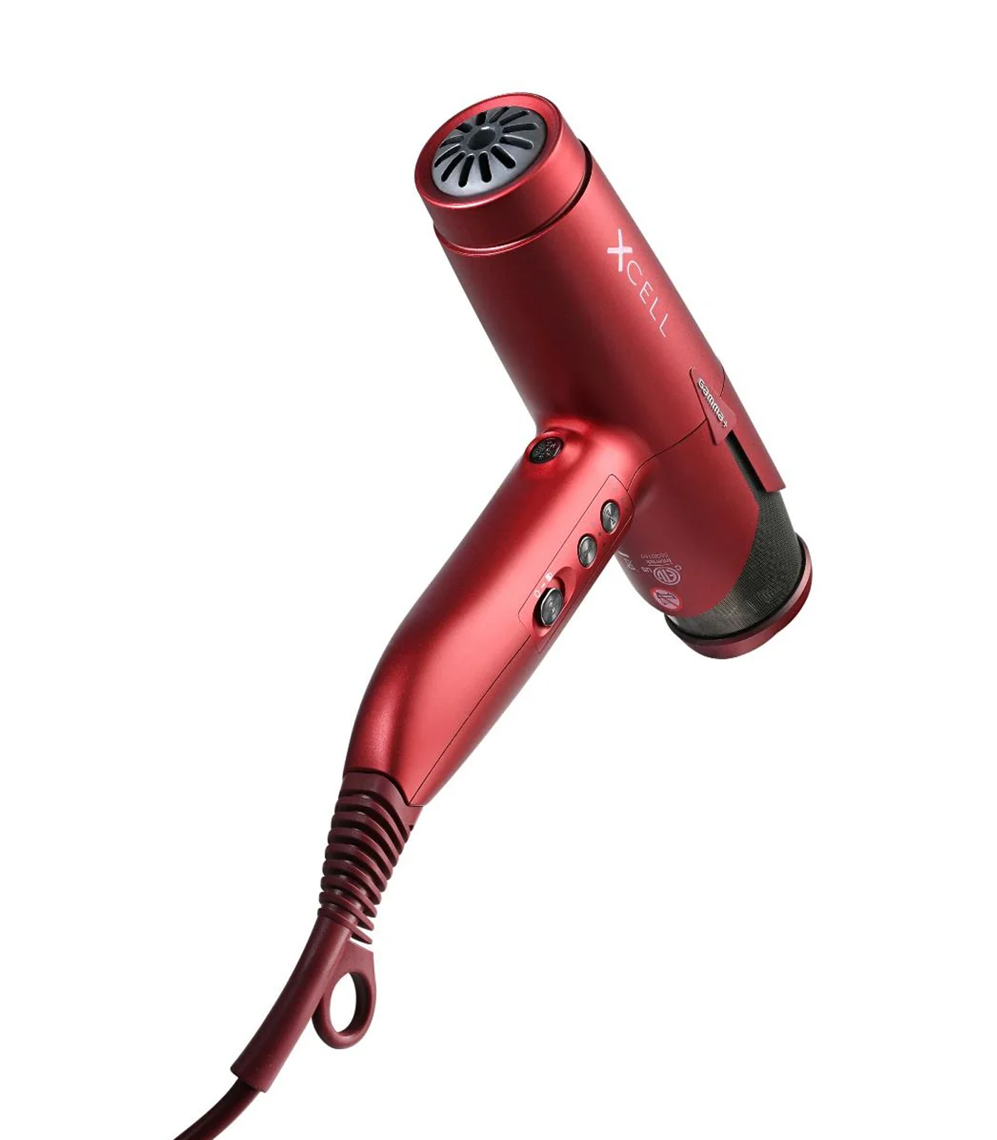 Set of hair styling tools including combs, a bottle, and a red tool on a white background
