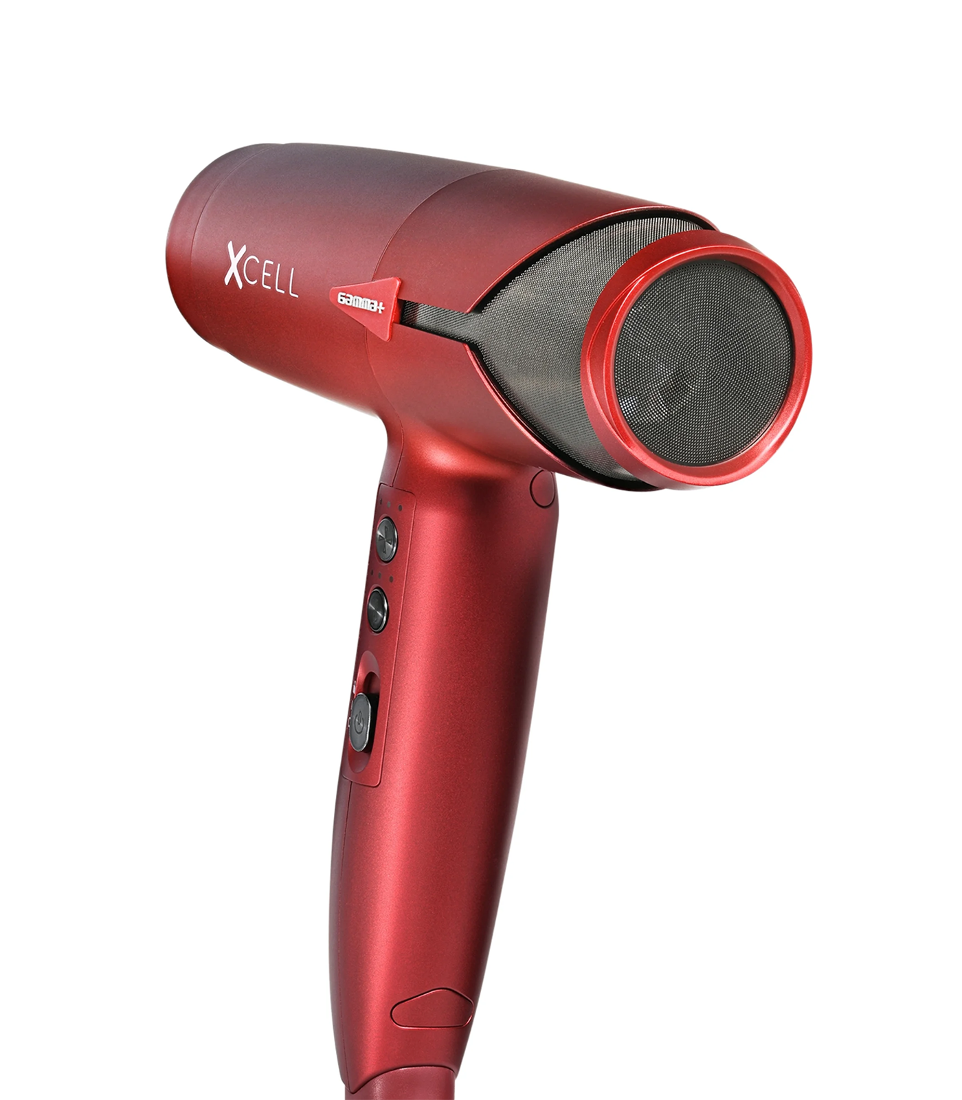 Red hair dryer with XCell branding on a white background