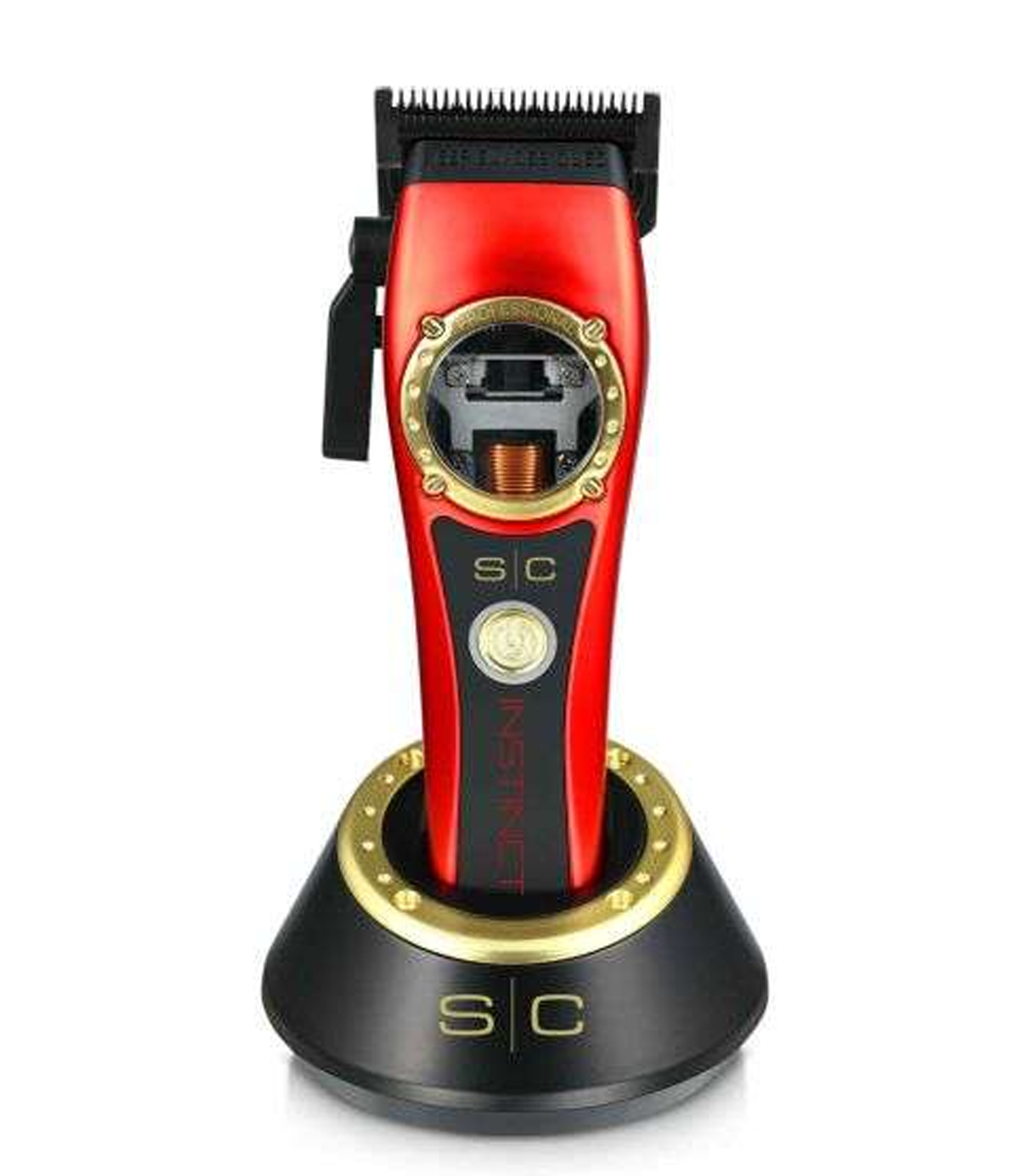 Red and black hair trimmer with gold accents on a white background
