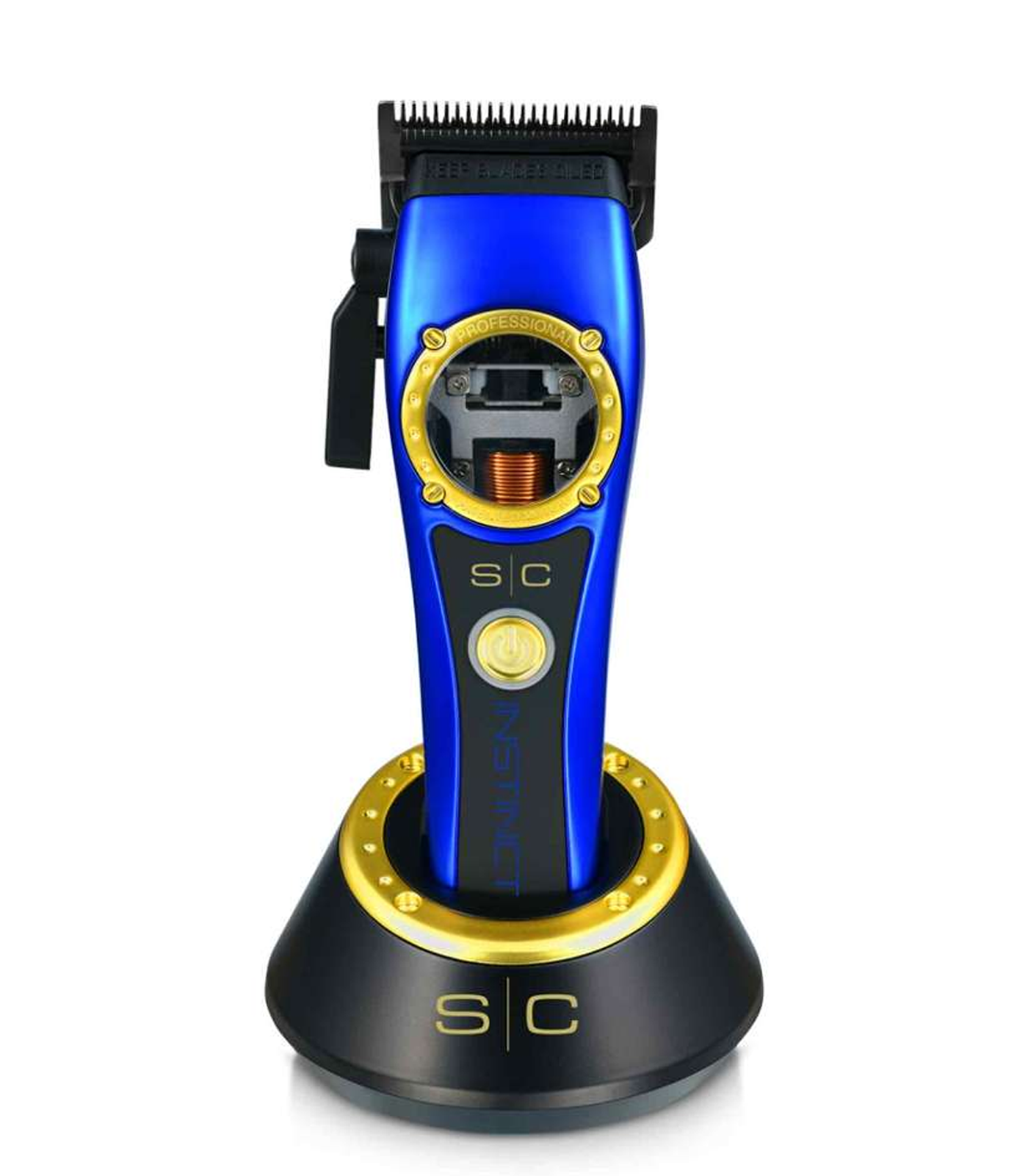 Blue and gold hair trimmer with 'SC' branding on a white background