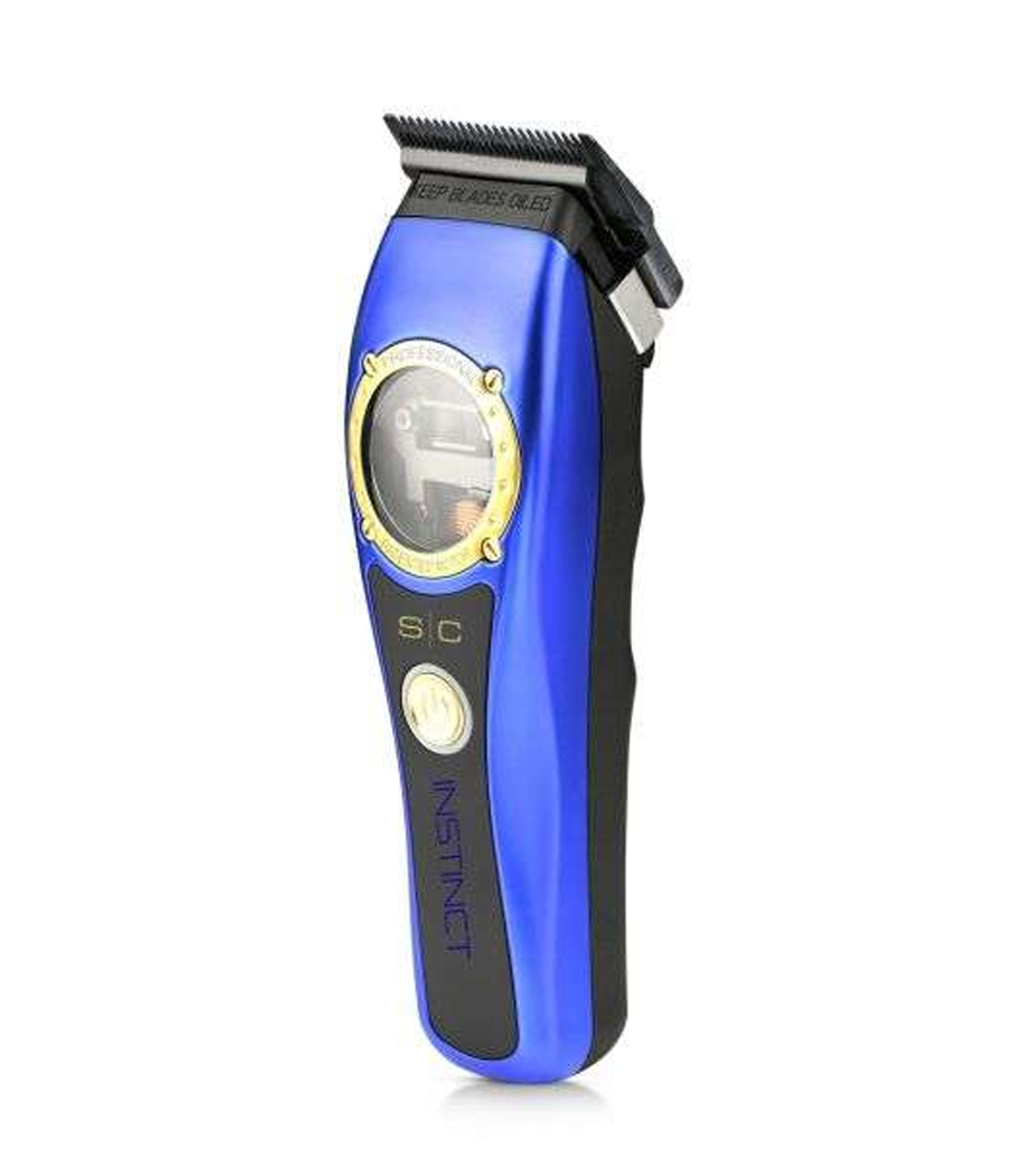 Blue and black hair trimmer on a white background