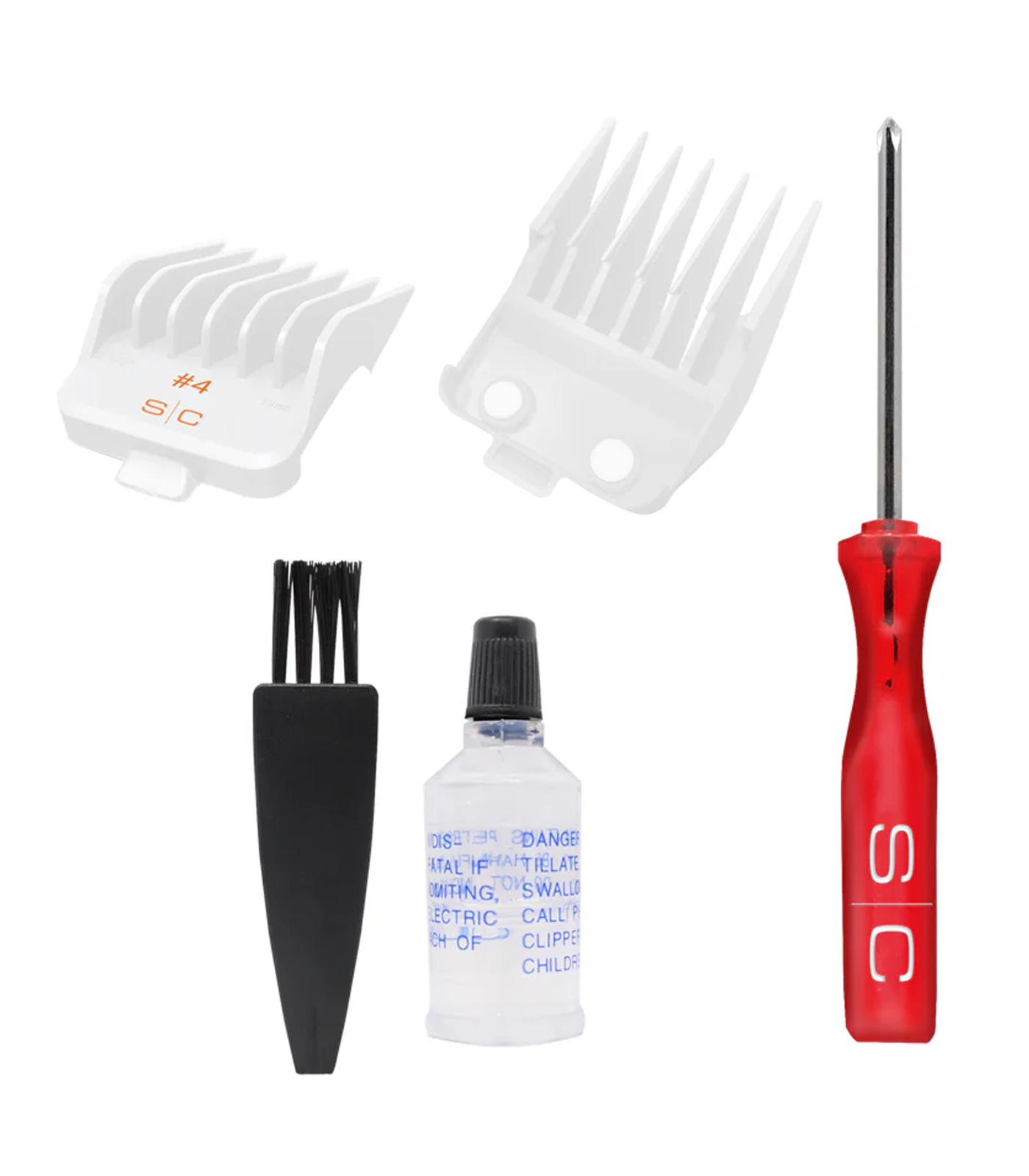 Set of hair styling tools including combs, a bottle, and a red tool on a white background