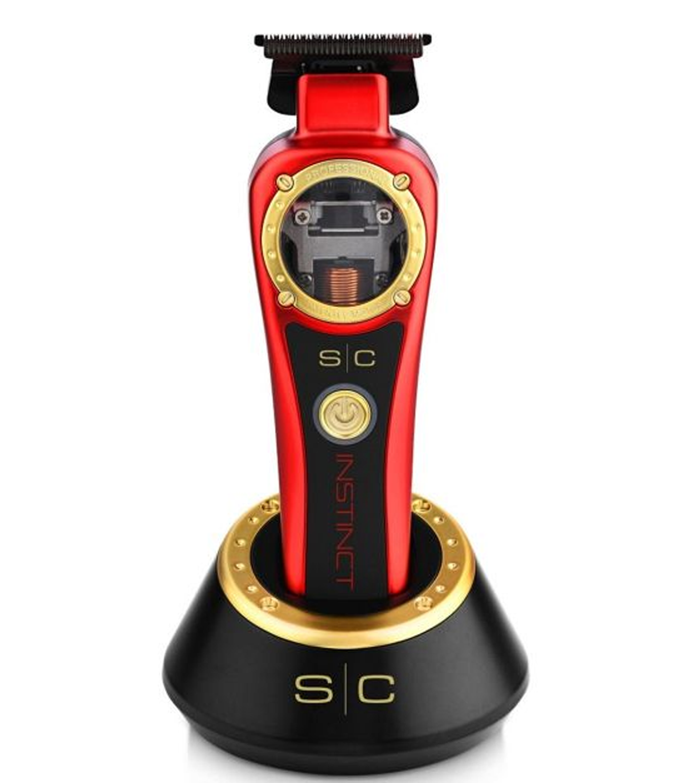 Red and black grooming tool with gold accents on a white background