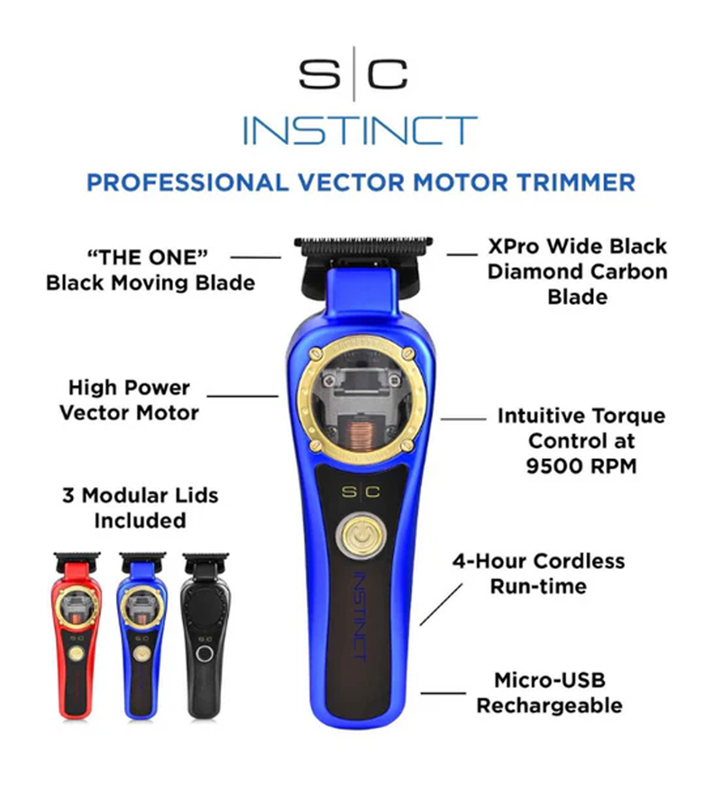 SC Instinct professional vector motor trimmer with features highlighted on a white background