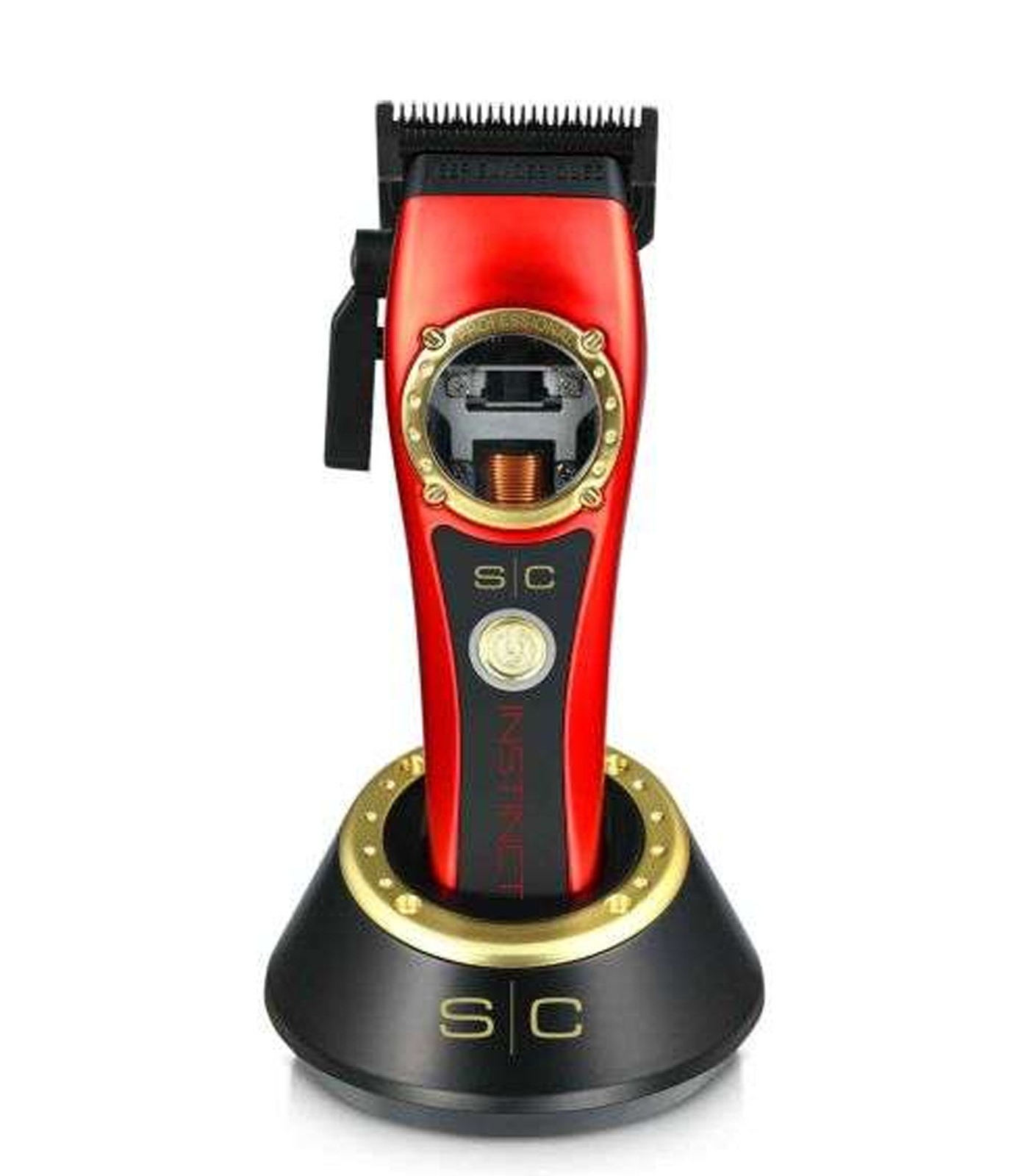 Red and black hair trimmer with gold accents on a white background
