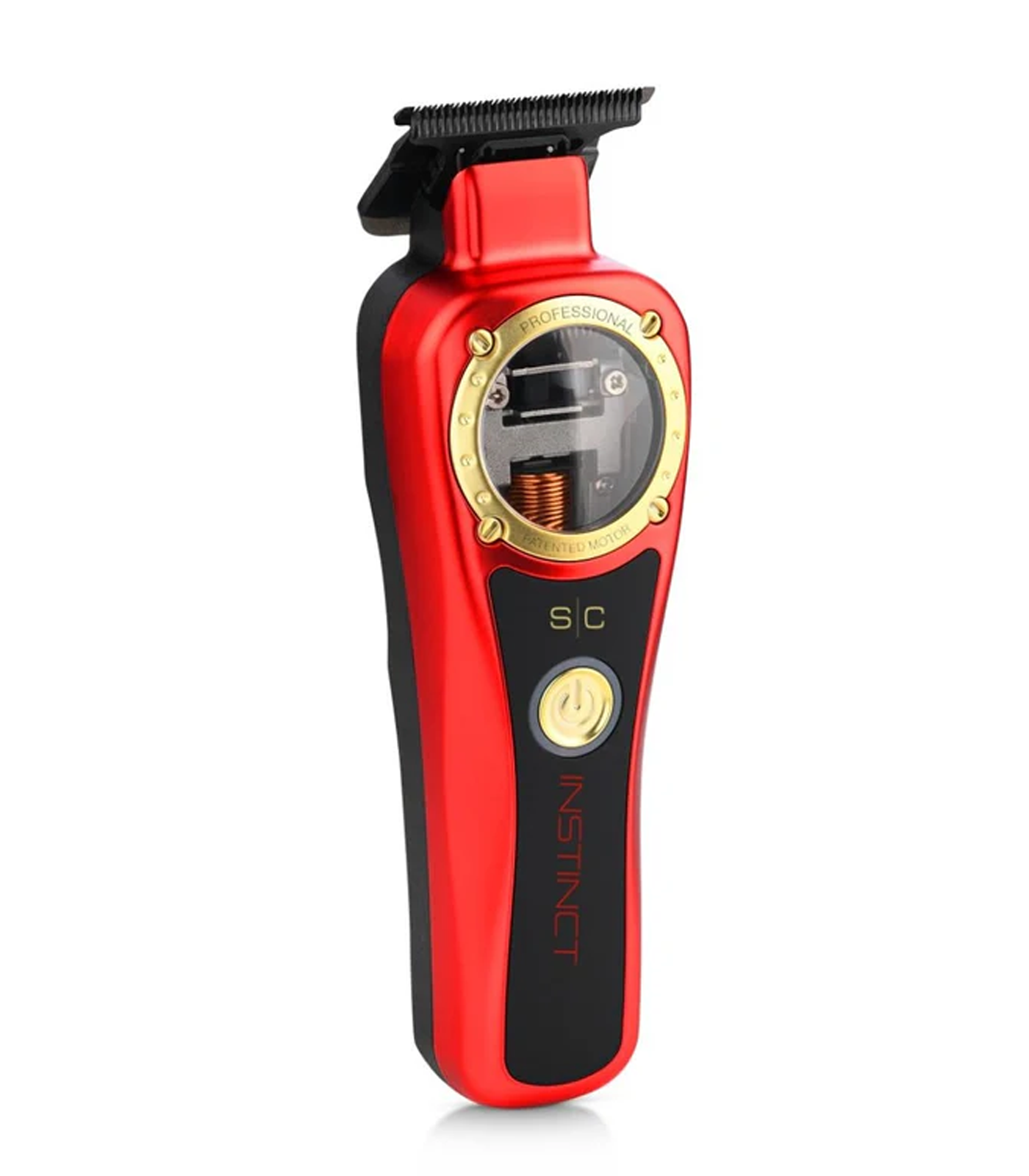 Red and black hair trimmer with gold accents on a white background