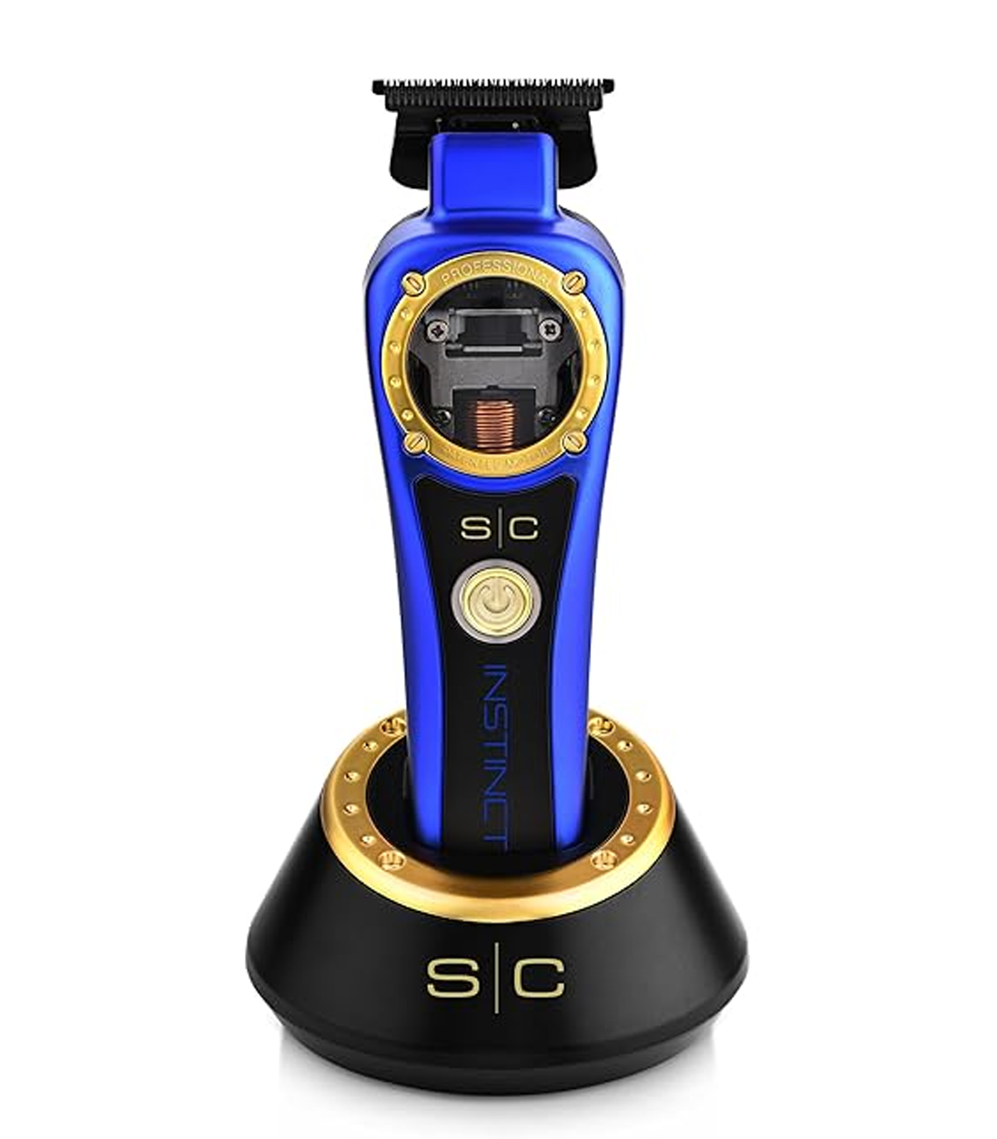 Blue and black hair trimmer with gold accents on a white background