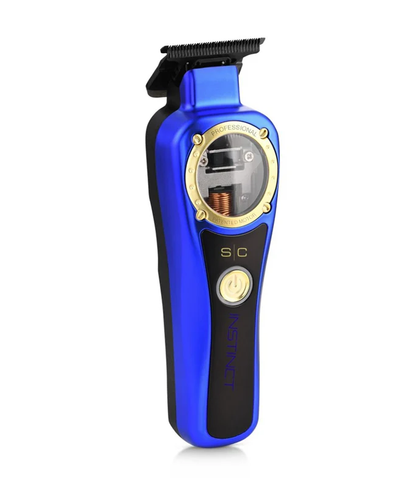 Blue and black hair trimmer with visible brand logo on a white background