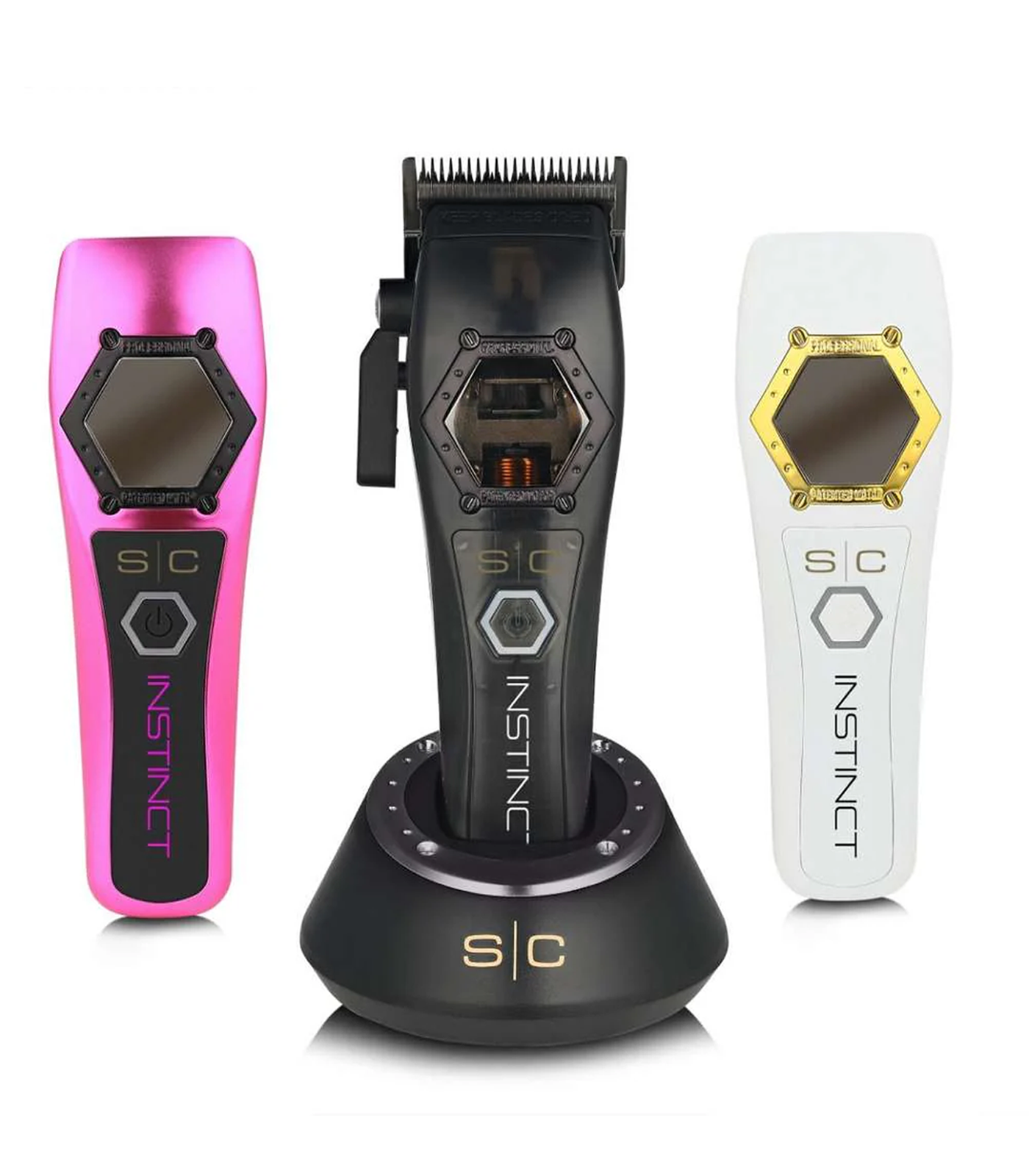 Three hair trimmers in pink, black, and white with 'SIC' branding on a white background.