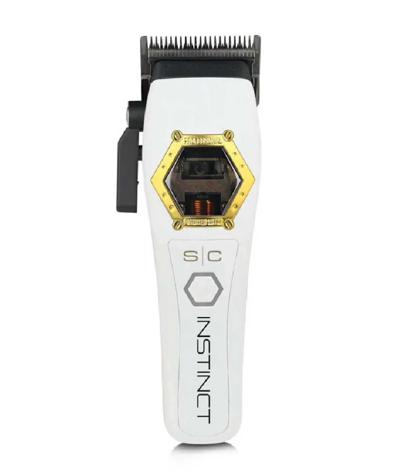 Person using a BaBylissPRO grooming tool on their ear with product branding and text about blade features.