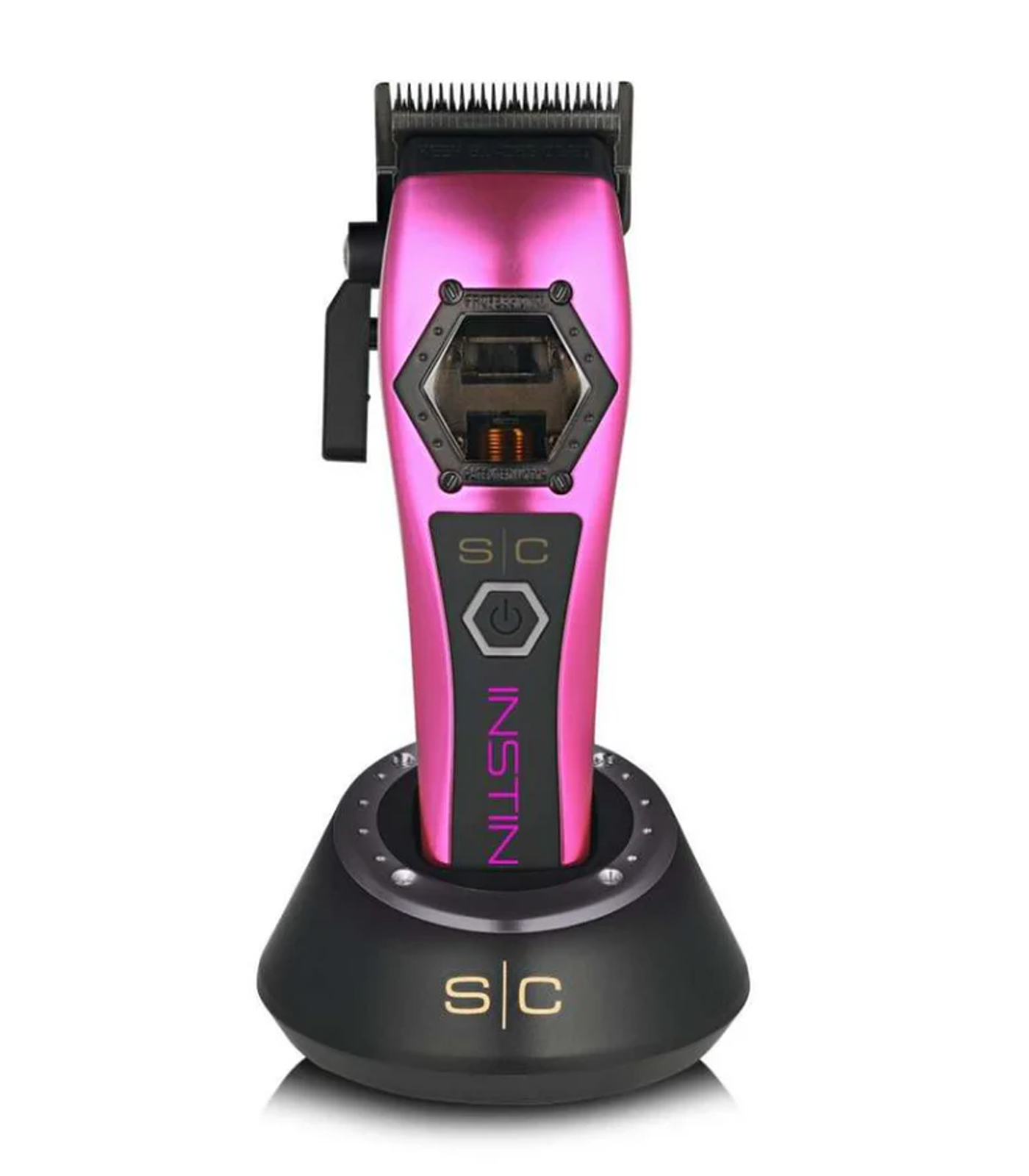 Pink and black hair trimmer with 's/c' branding on a white background