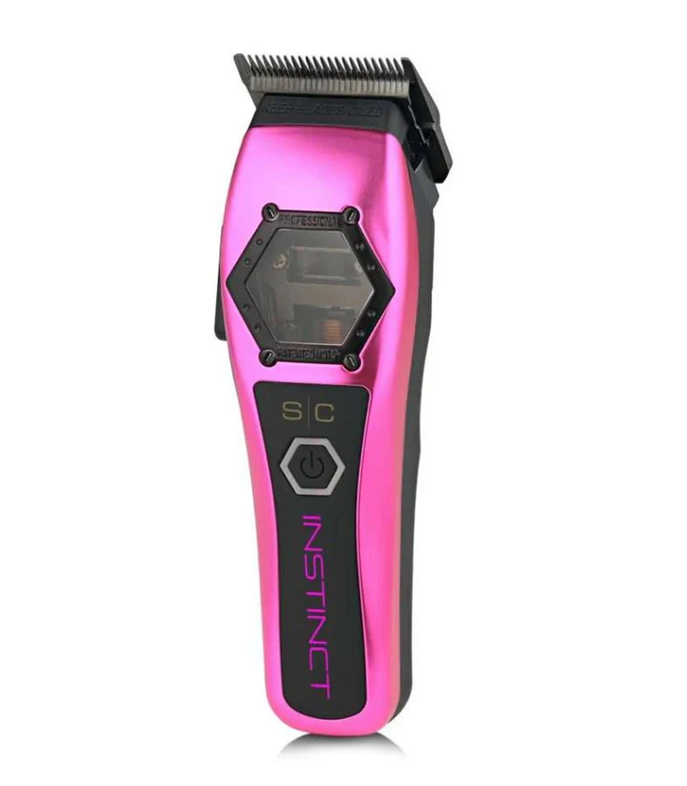 Pink hair trimmer with brand name on a white background