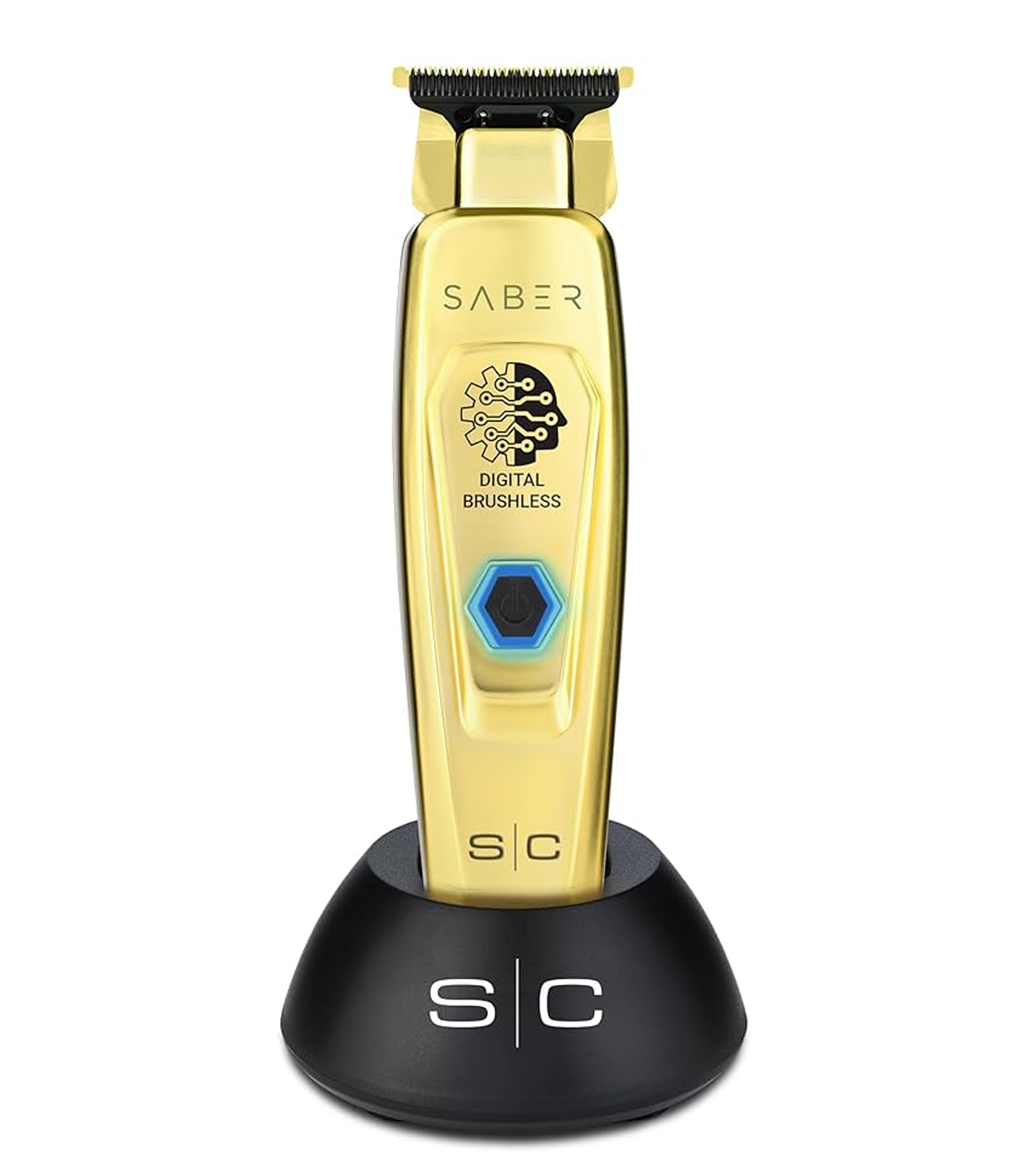 Gold hair trimmer with black base on a white background