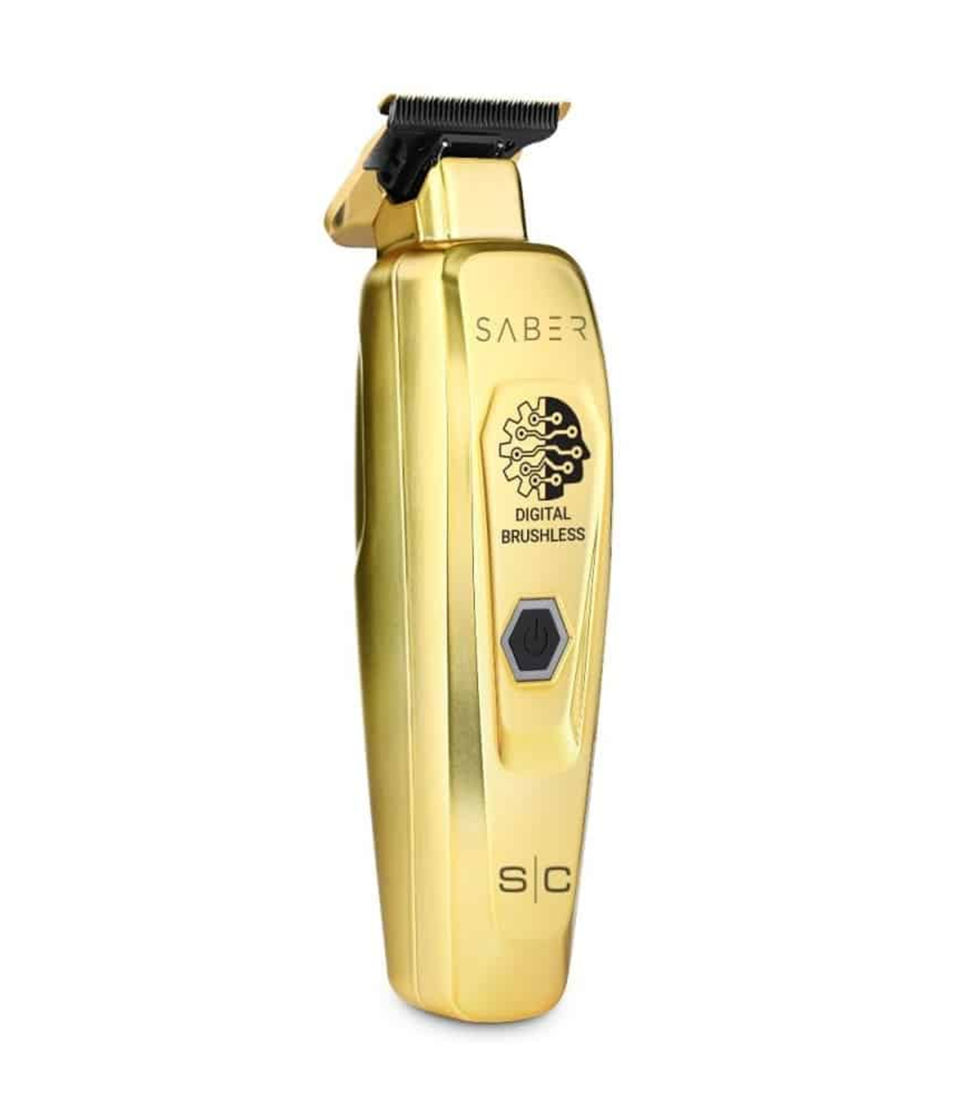 Gold hair trimmer with 'Saber' branding on a white background