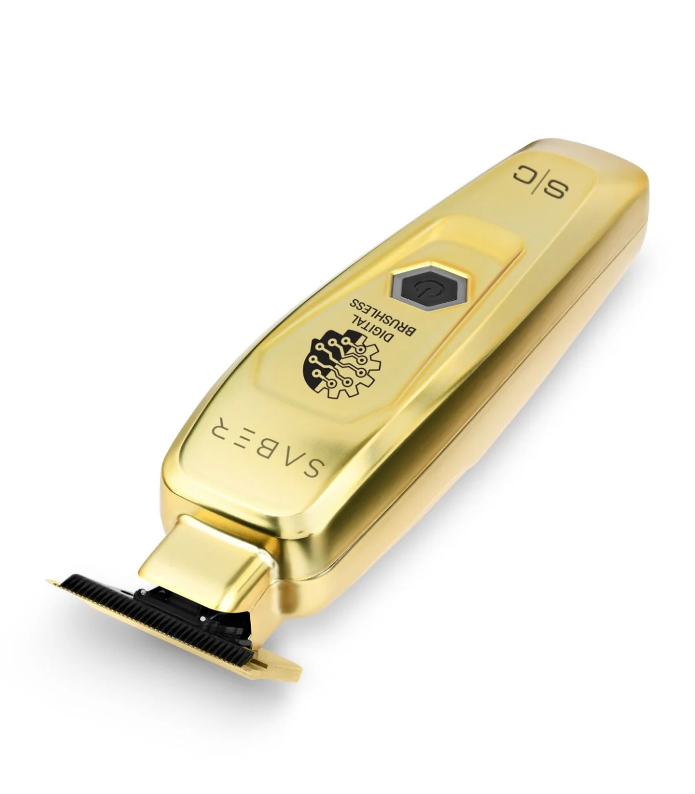 Gold hair trimmer with brand logo on a white background