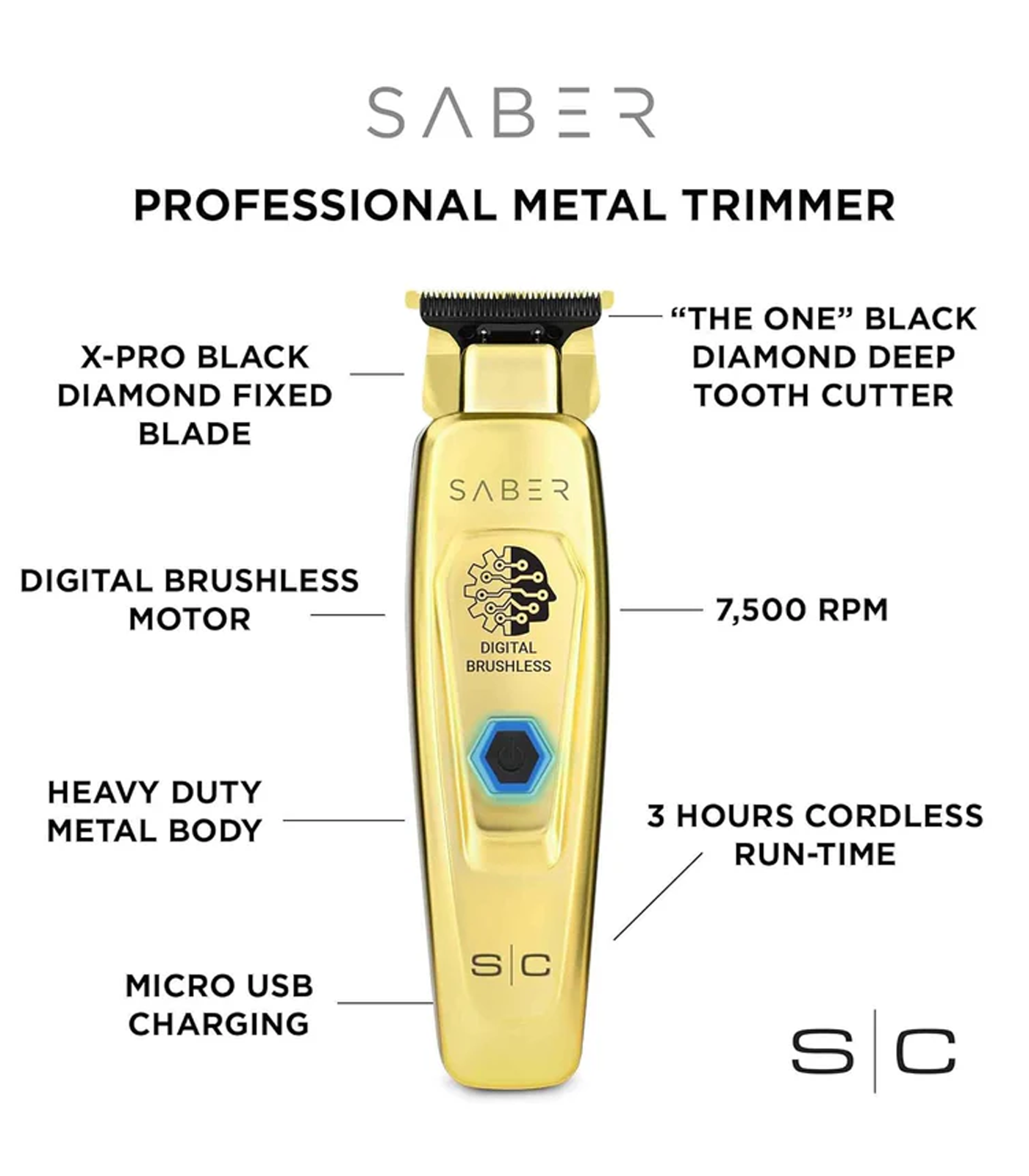 Gold Saber professional metal trimmer with features highlighted on a white background