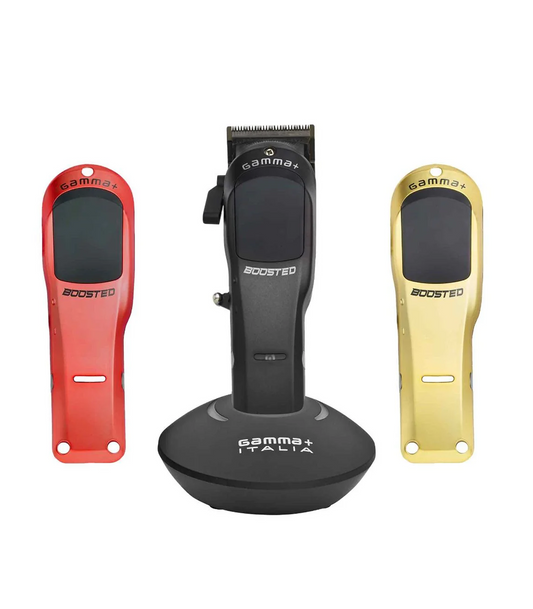 Three hair clippers in red, black, and gold on a white background with 'Gamma Italia' branding.