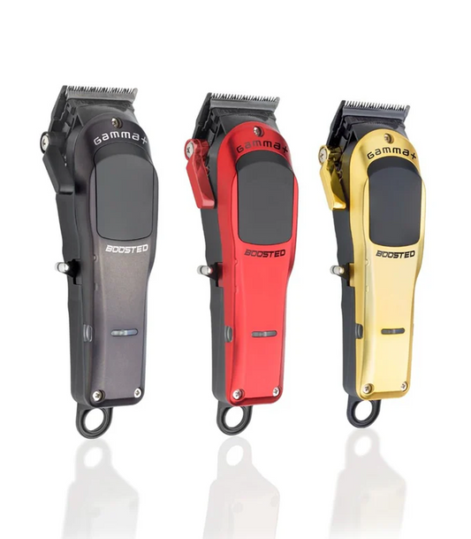 Three hair clippers in black, red, and gold on a white background