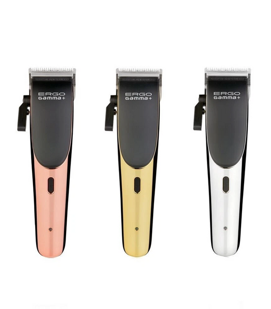 Three hair clippers with 'ERGO Gamma+' branding on a white background