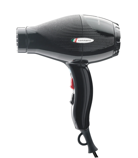 Black hair dryer with a visible brand logo on a white background