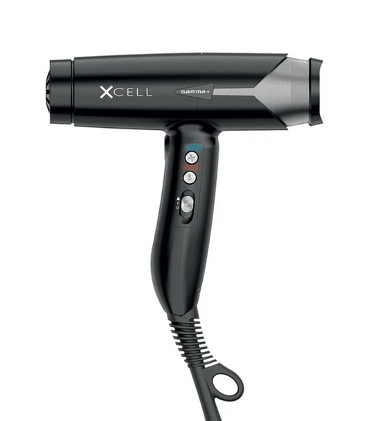 Black hair dryer with 'XCell' branding on a white background