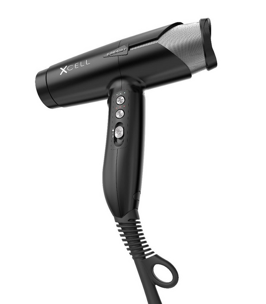 Black hair dryer with Xcell branding on a white background