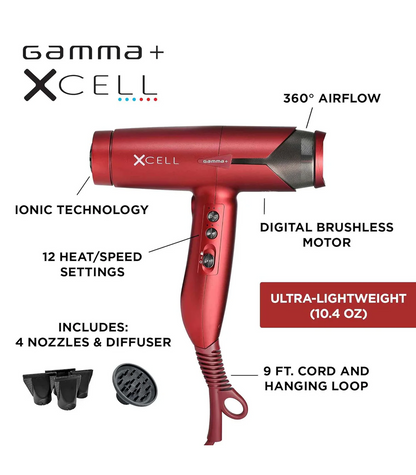 Red hair dryer with features labeled on a white background