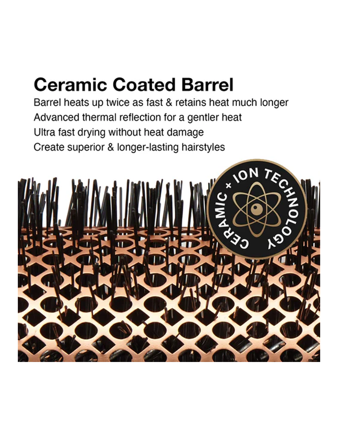 Ceramic coated barrel with text about its features on a white background