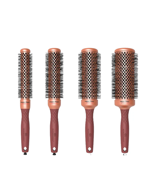 Set of four round hairbrushes with brown handles and metallic bristle heads on a white background.