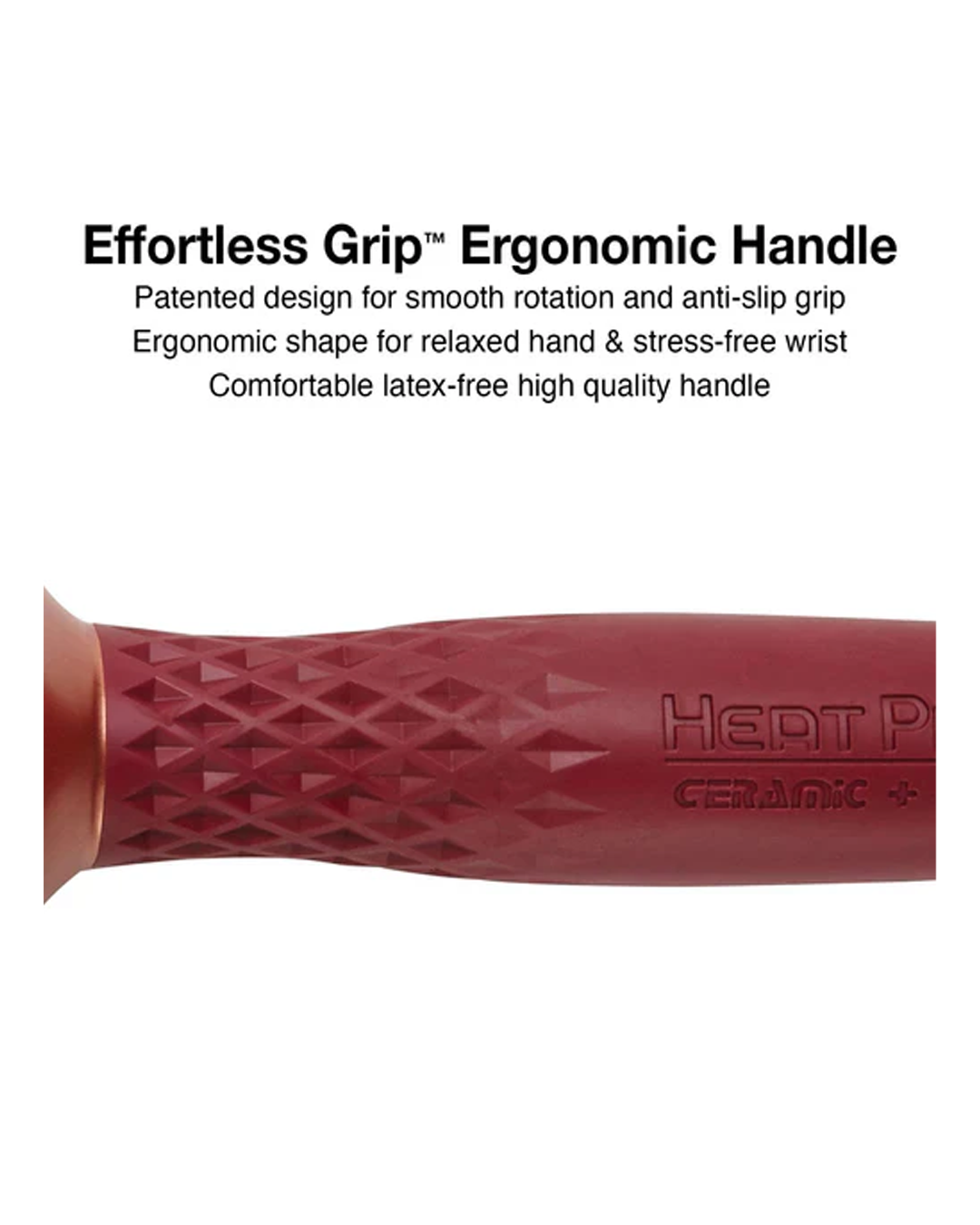 Red ergonomic handle with text describing its features on a white background