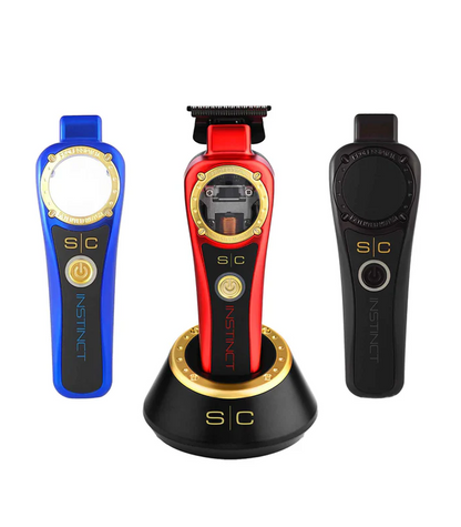 Three hair trimmer devices with different colors on a white background