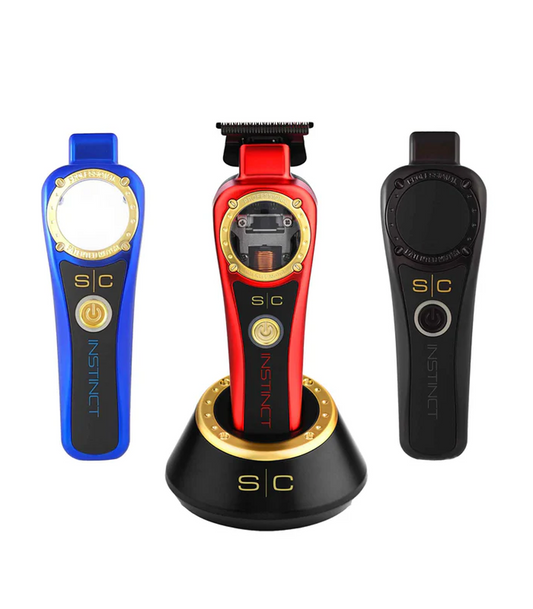 Three hair trimmer devices with different colors on a white background
