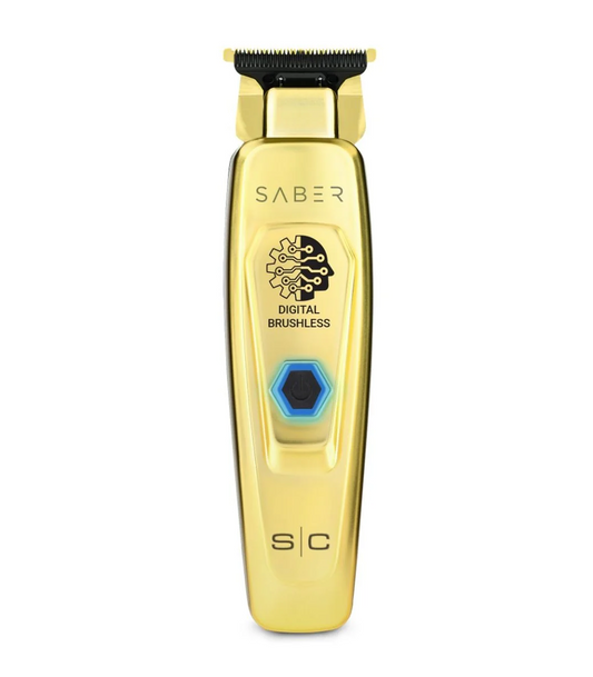 Gold hair trimmer with 'Sabre' branding on a white background
