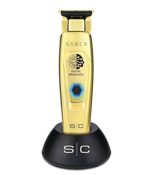 Gold hair trimmer with black base on a white background
