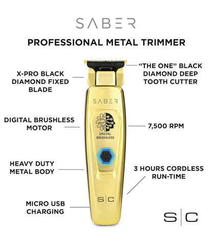 Gold Saber professional metal trimmer with features highlighted on a white background