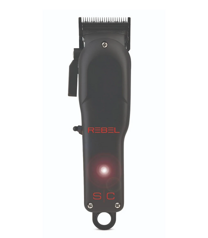 Black hair clipper with 'REBEL' branding on a white background